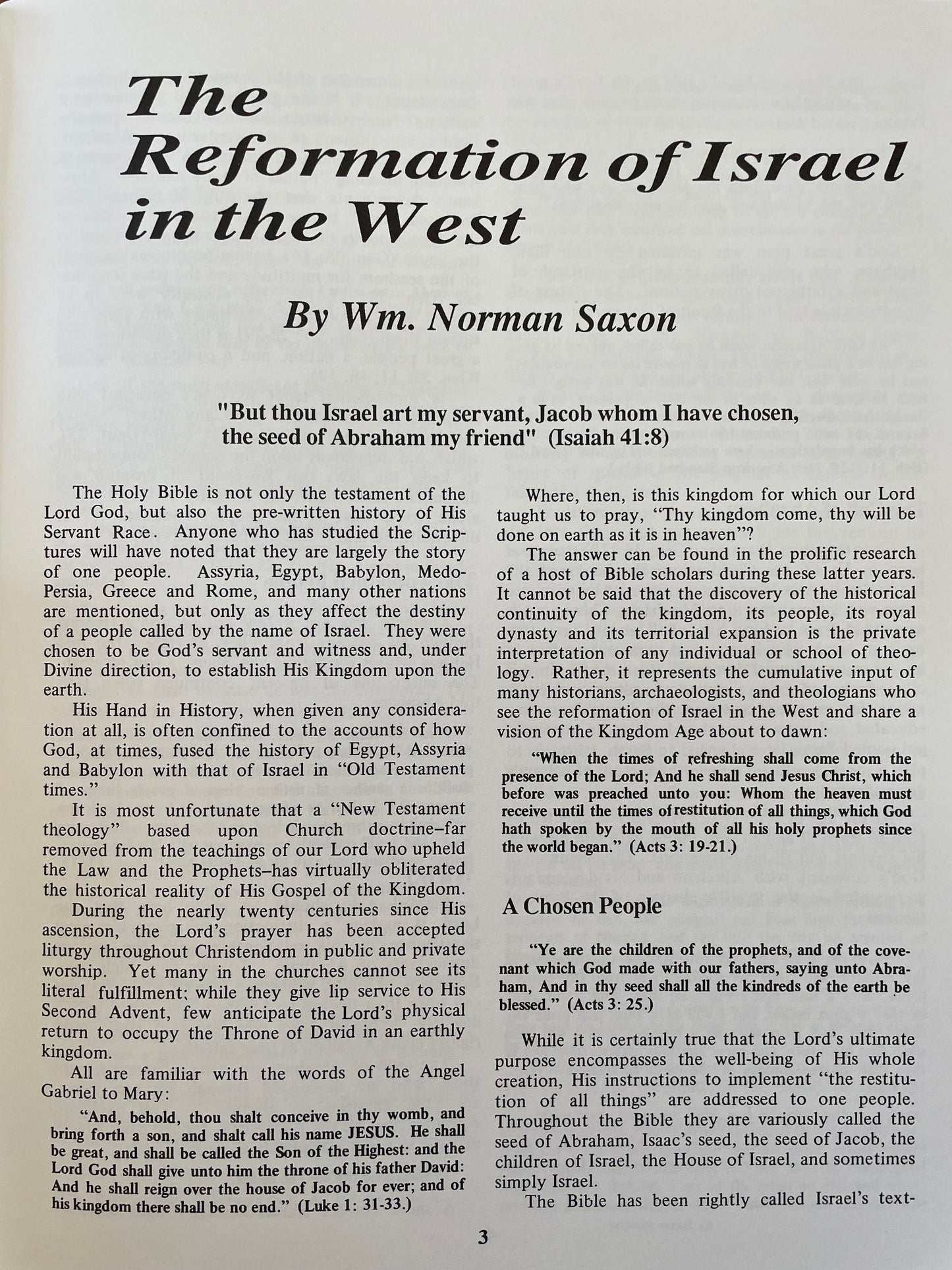 Reformation of Israel in the West
